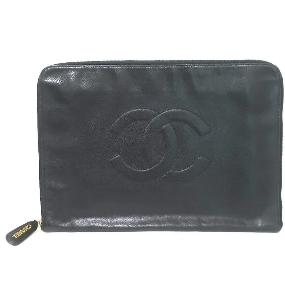 Chanel 90s Timeless CC Zip-Around Portfolio Document Holder Black Caviar Leather